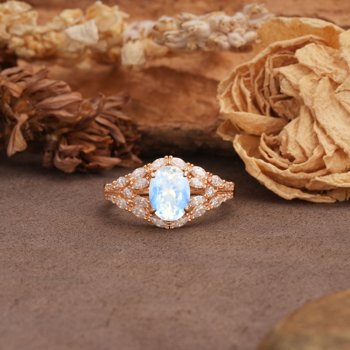 Unique and Luxurious 4-Prong Oval Cut Moonstone Engagement Ring - Additional view