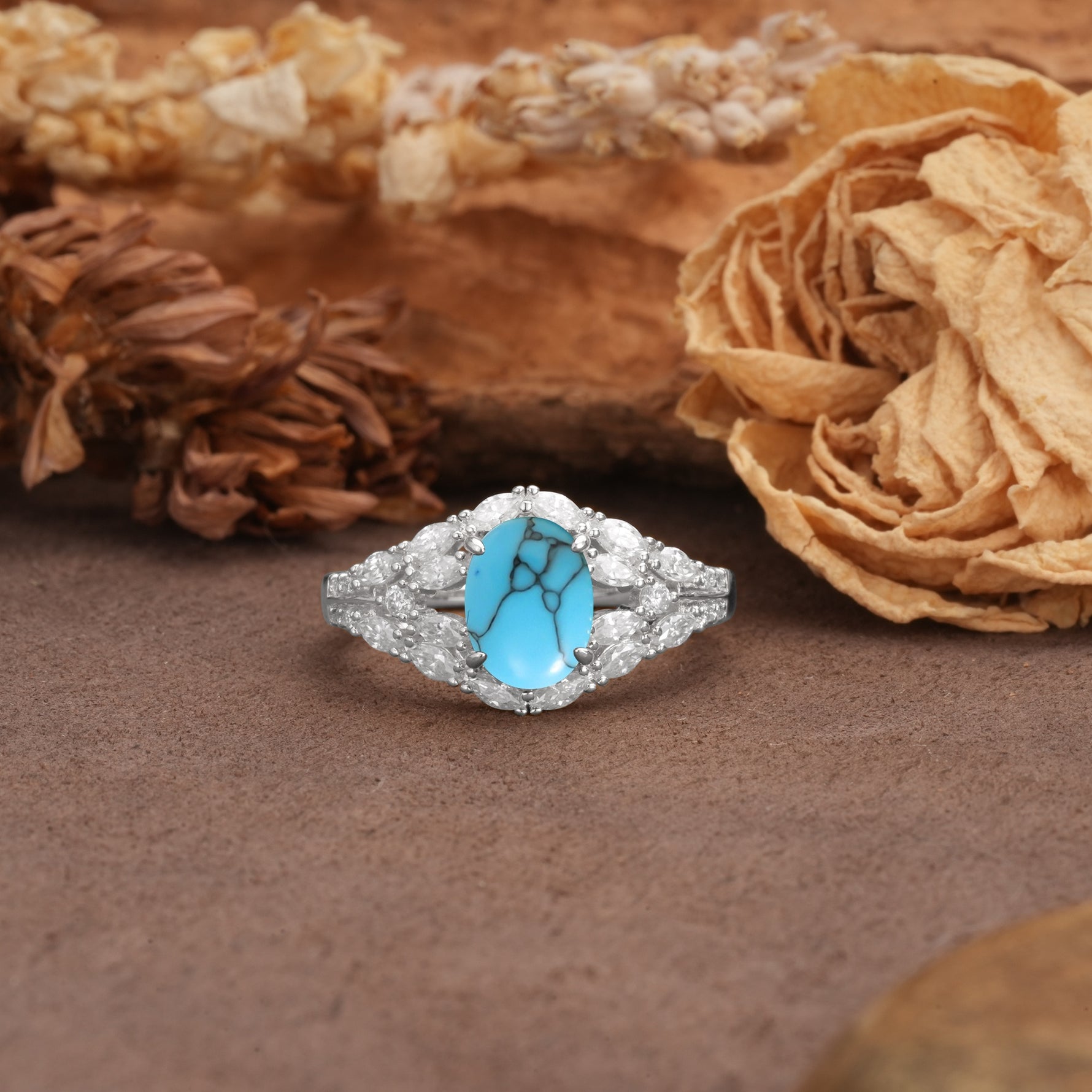 Unique and Luxurious 4-Prong Oval Cut Turquoise Engagement Ring - Additional view