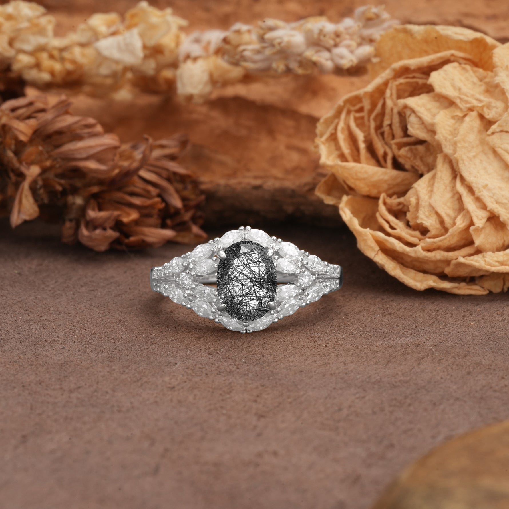 Unique and Luxurious 4-Prong Oval Cut Black Rutilated Quartz Engagement Ring - Additional view