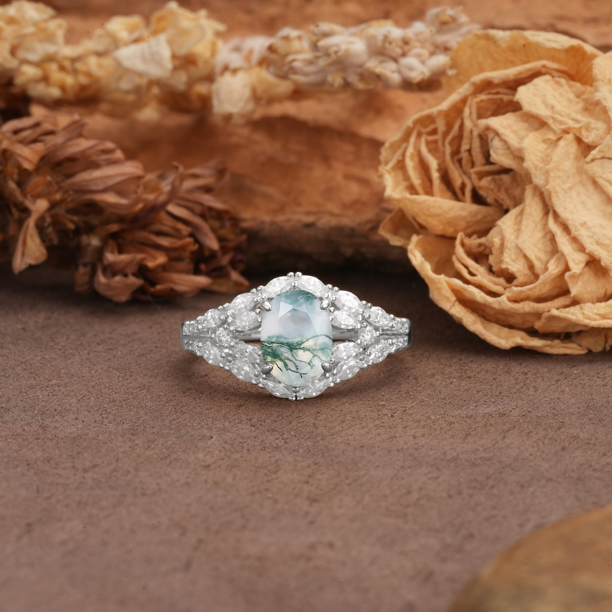Unique and Luxurious 4-Prong Oval Cut Moss Agate Engagement Ring - Additional view