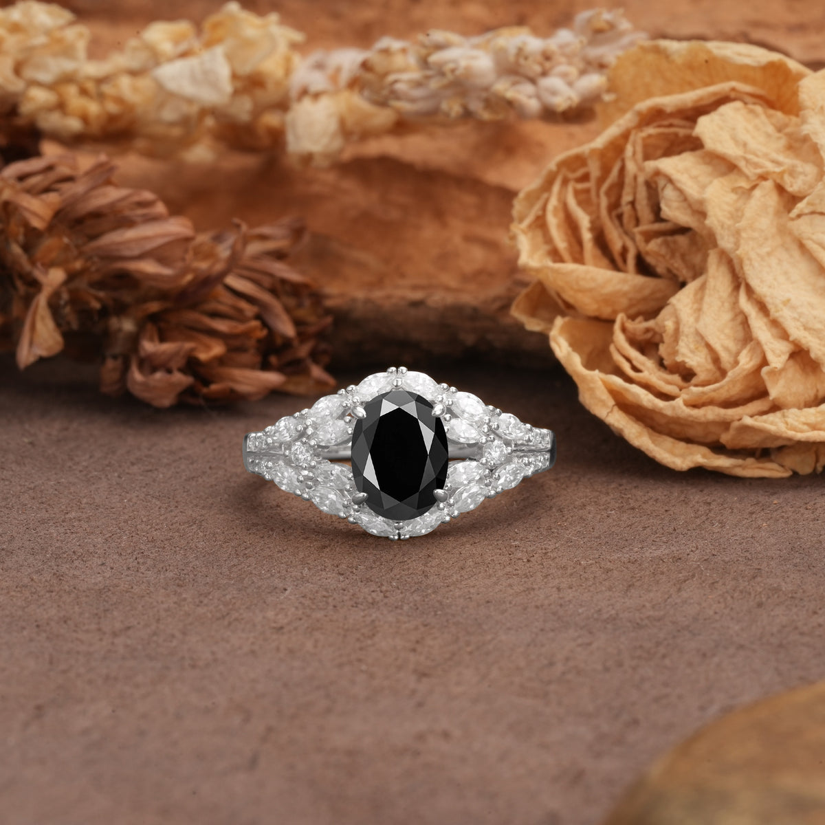 Unique and Luxurious 4-Prong Oval Cut Black Onyx Engagement Ring - Additional view