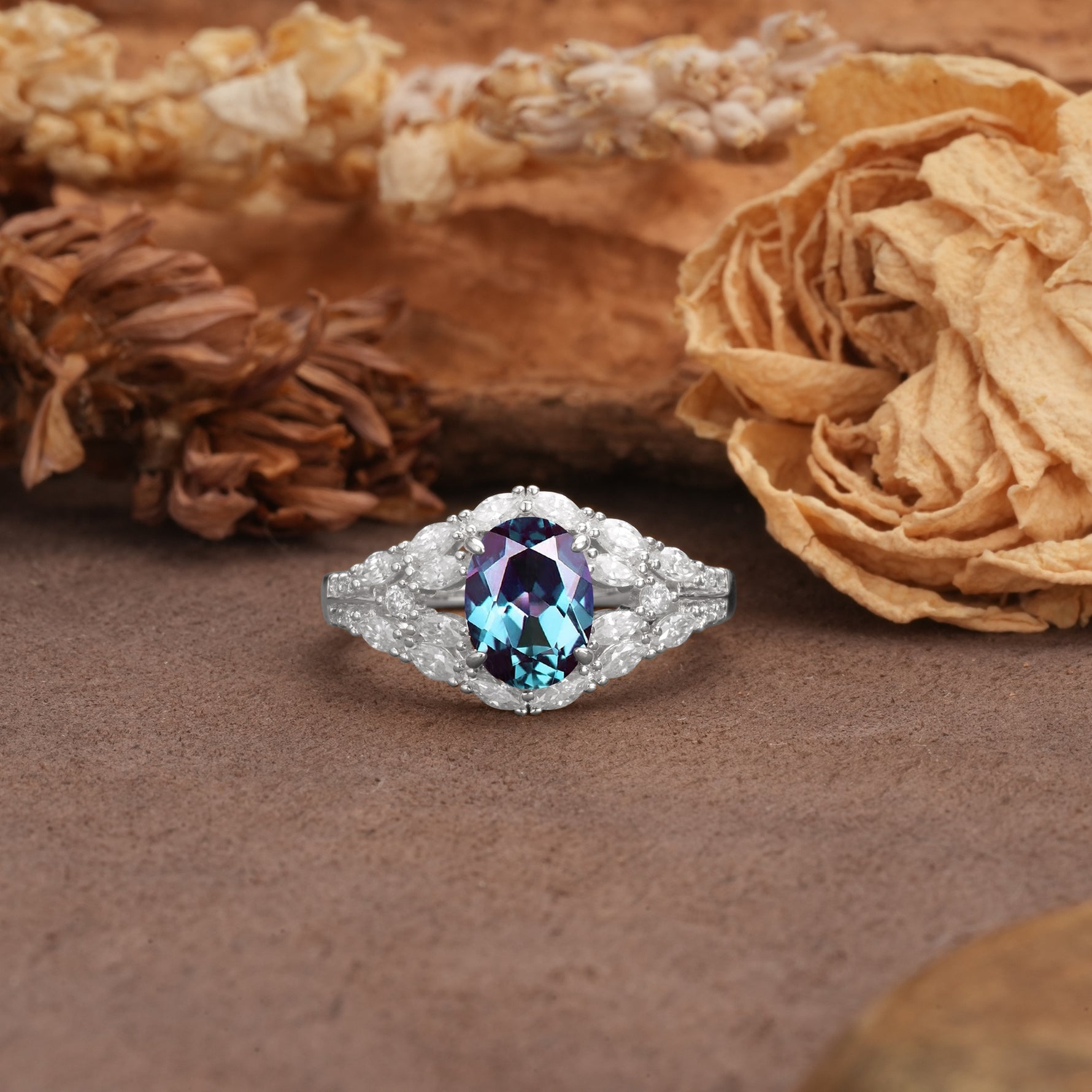 Unique and Luxurious 4-Prong Oval Cut Alexandrite Engagement Ring - Additional view
