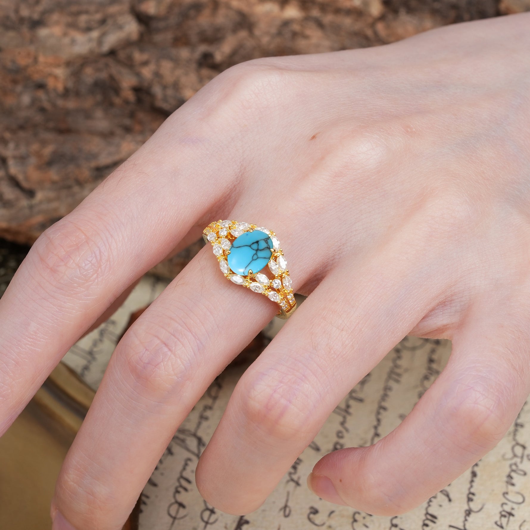 Unique and Luxurious 4-Prong Oval Cut Turquoise Engagement Ring - Additional view