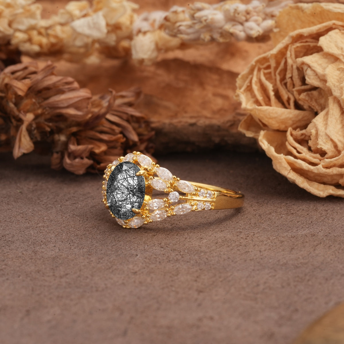 Unique and Luxurious 4-Prong Oval Cut Black Rutilated Quartz Engagement Ring - Additional view