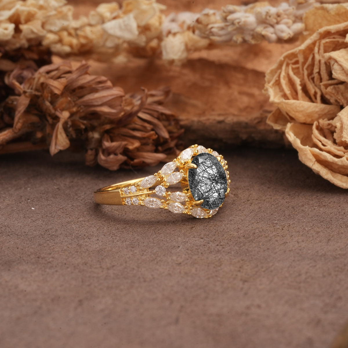 Unique and Luxurious 4-Prong Oval Cut Black Rutilated Quartz Engagement Ring - Additional view