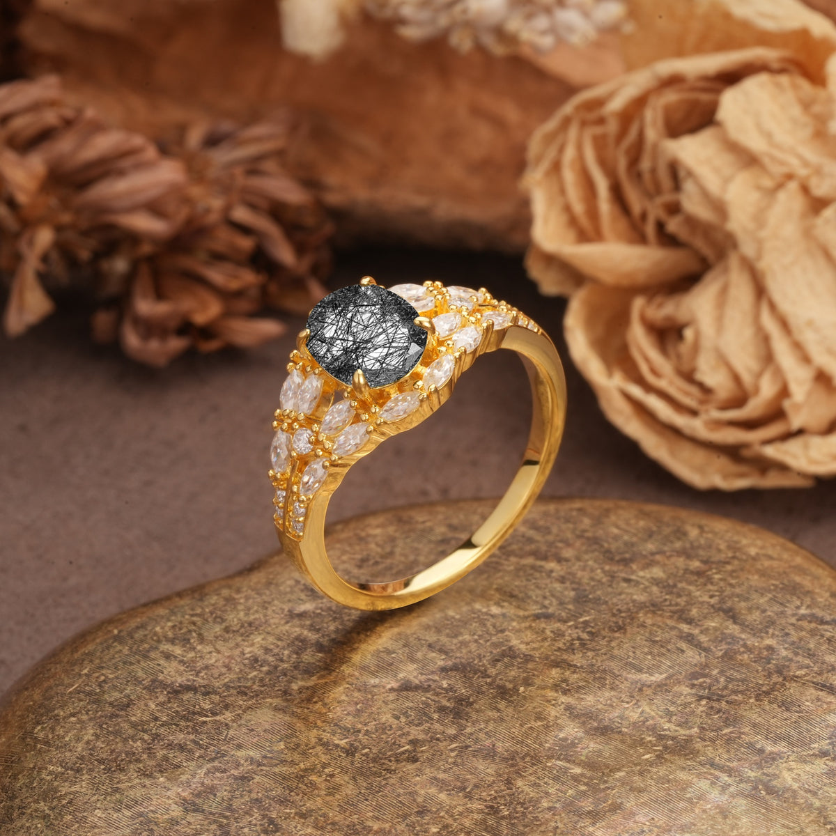 Unique and Luxurious 4-Prong Oval Cut Black Rutilated Quartz Engagement Ring - Additional view