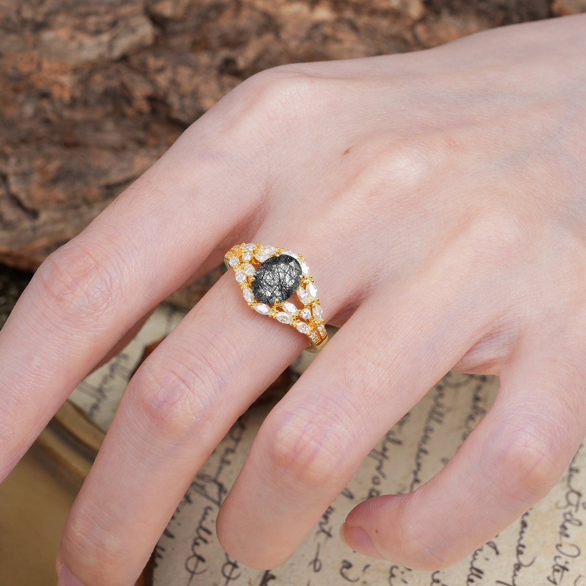 Unique and Luxurious 4-Prong Oval Cut Black Rutilated Quartz Engagement Ring - Additional view