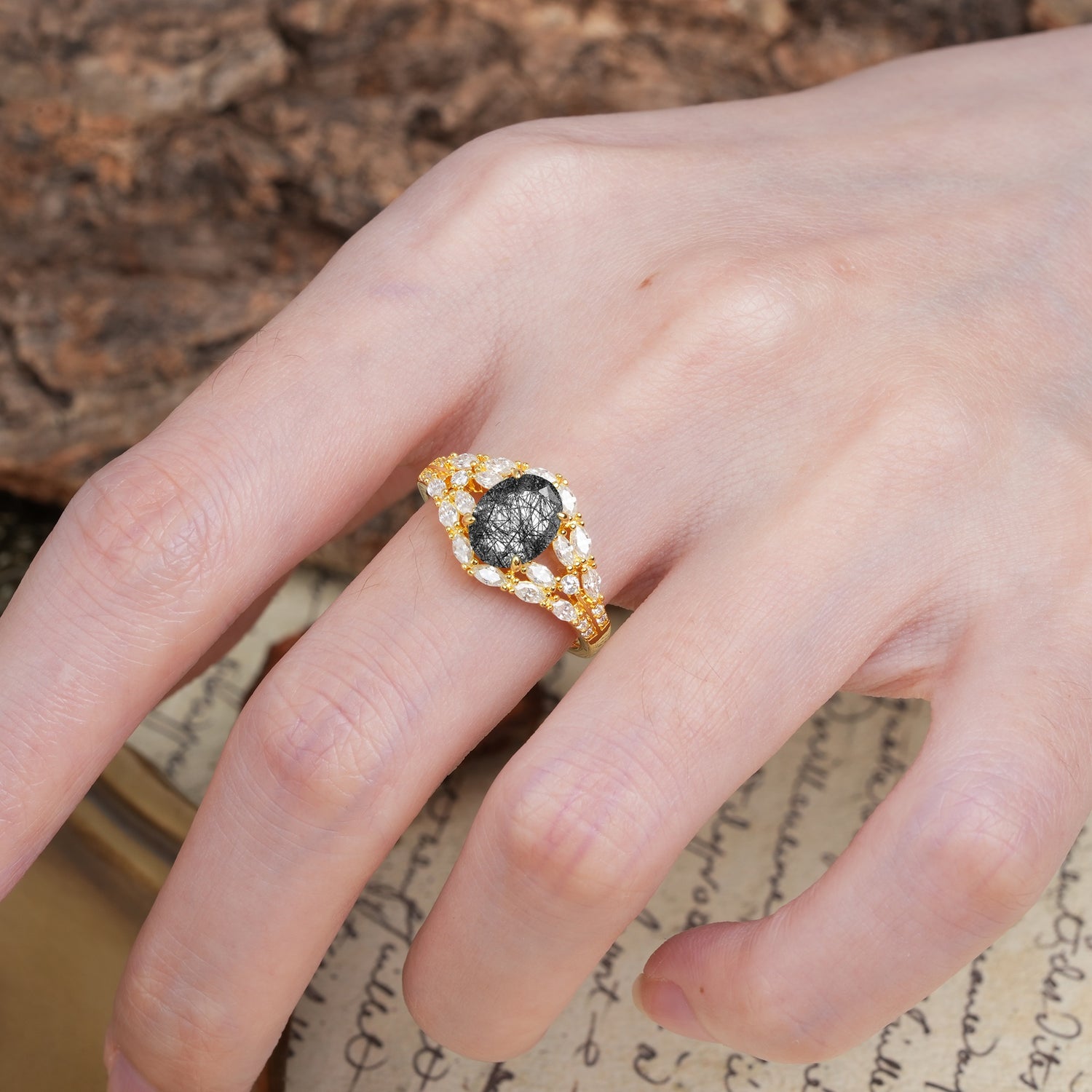 Unique and Luxurious 4-Prong Oval Cut Black Rutilated Quartz Engagement Ring - Additional view