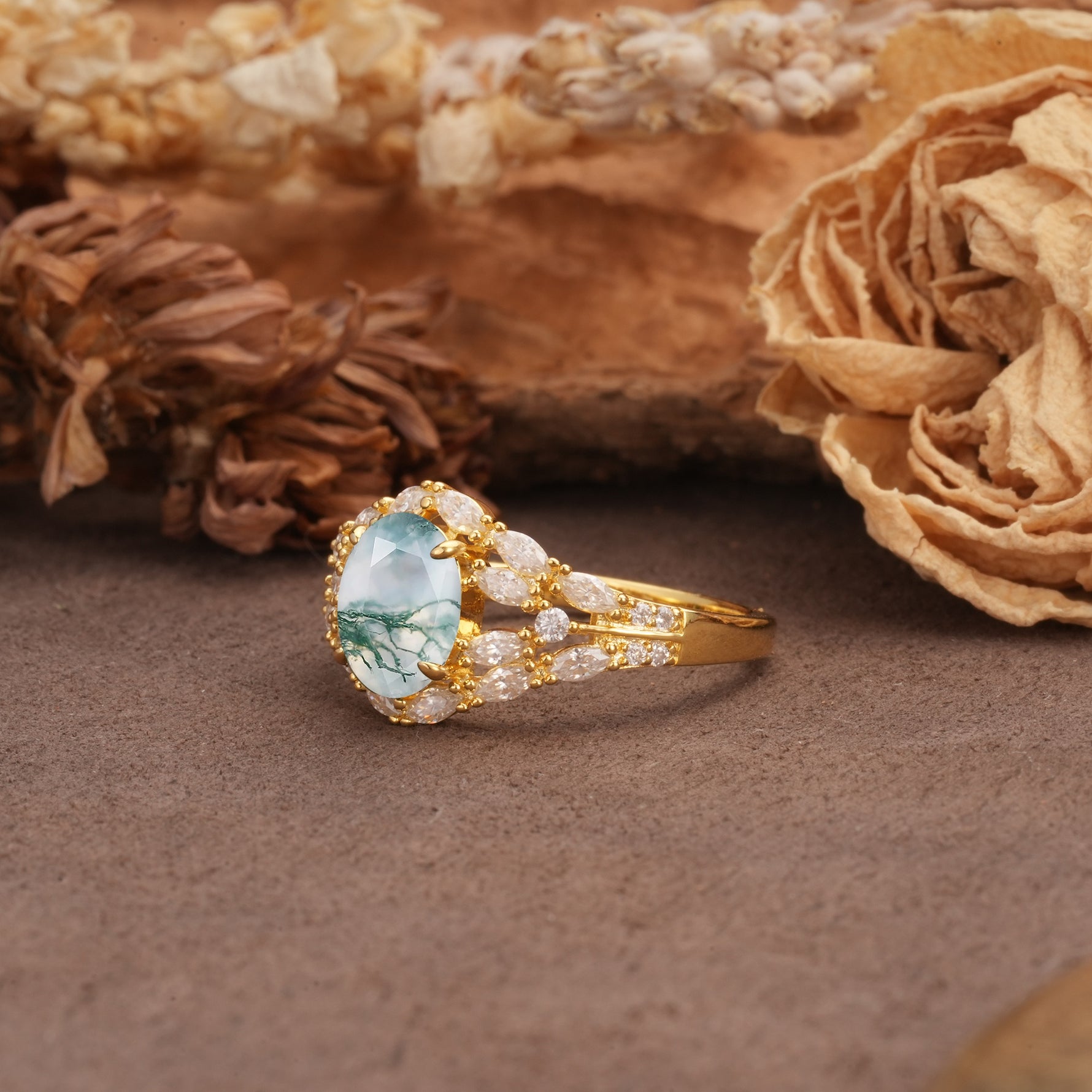 Unique and Luxurious 4-Prong Oval Cut Moss Agate Engagement Ring - Additional view