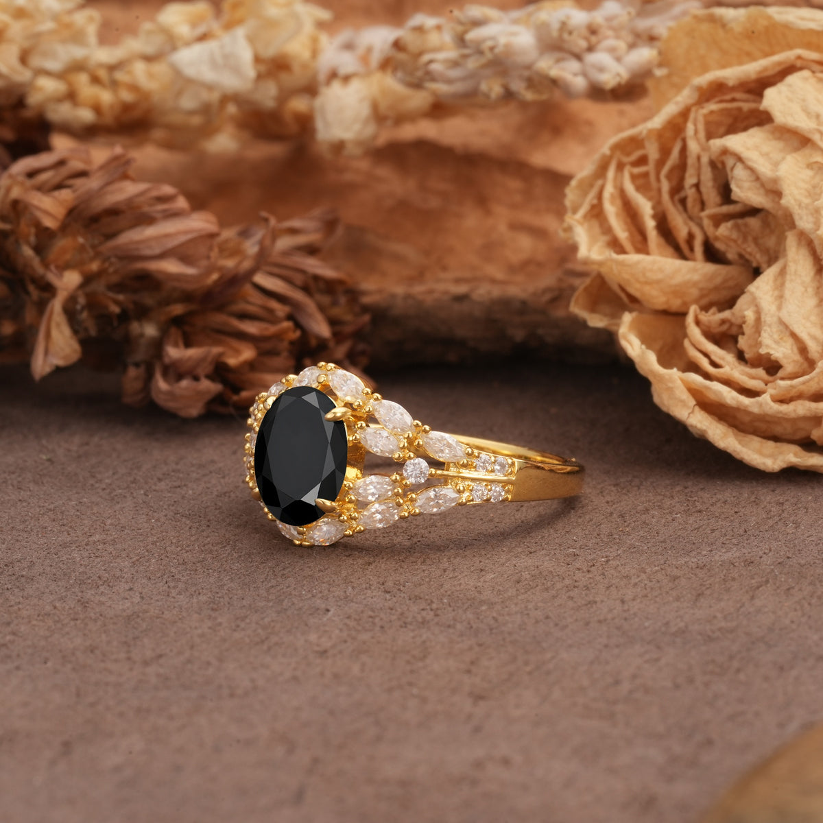 Unique and Luxurious 4-Prong Oval Cut Black Onyx Engagement Ring - Additional view