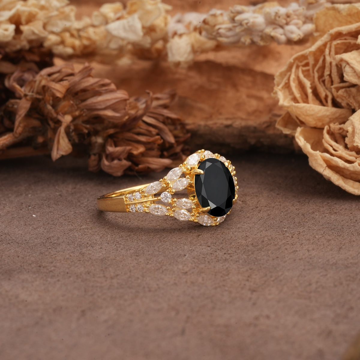 Unique and Luxurious 4-Prong Oval Cut Black Onyx Engagement Ring - Additional view