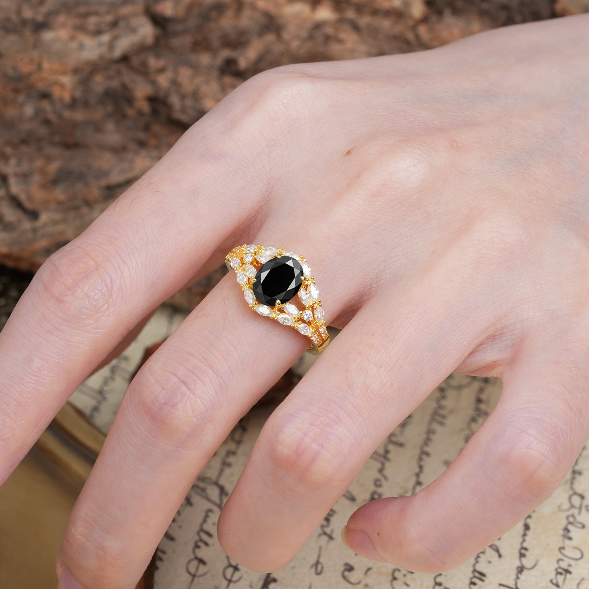 Unique and Luxurious 4-Prong Oval Cut Black Onyx Engagement Ring - Additional view