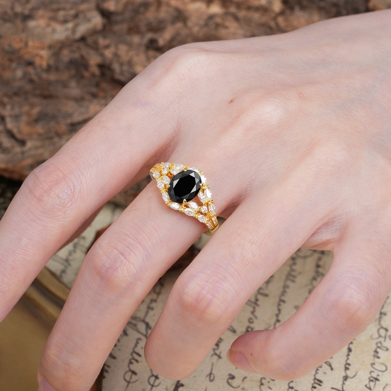 Unique and Luxurious 4-Prong Oval Cut Black Onyx Engagement Ring - Additional view