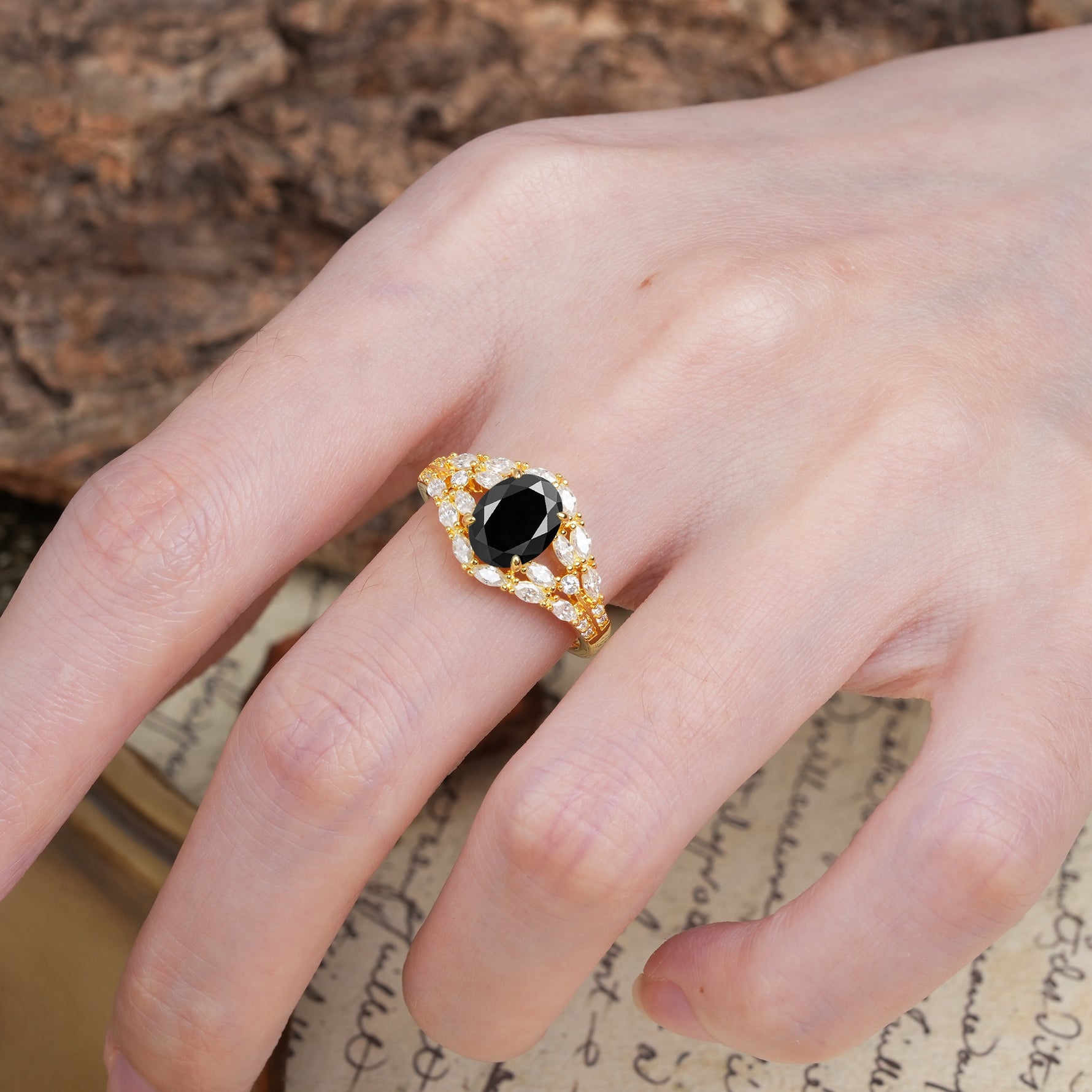 Unique and Luxurious 4-Prong Oval Cut Black Onyx Engagement Ring - Additional view