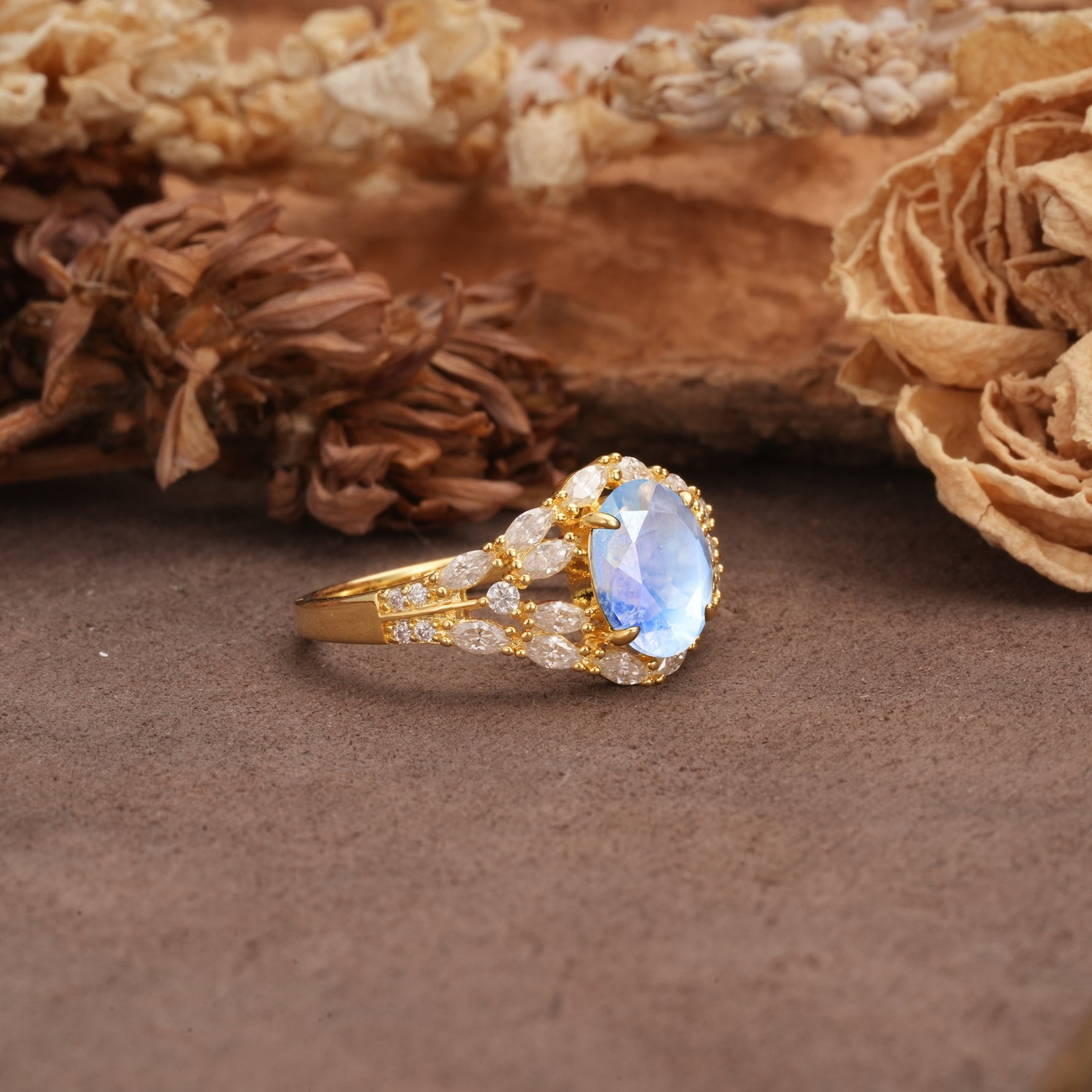 Unique and Luxurious 4-Prong Oval Cut Moonstone Engagement Ring - Additional view