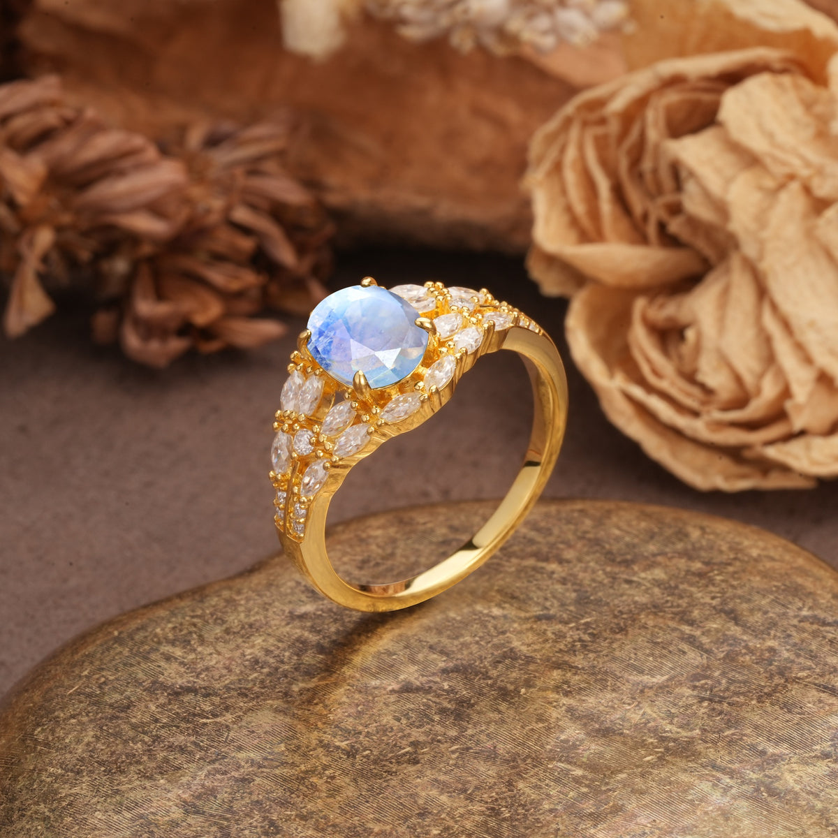 Unique and Luxurious 4-Prong Oval Cut Moonstone Engagement Ring - Additional view