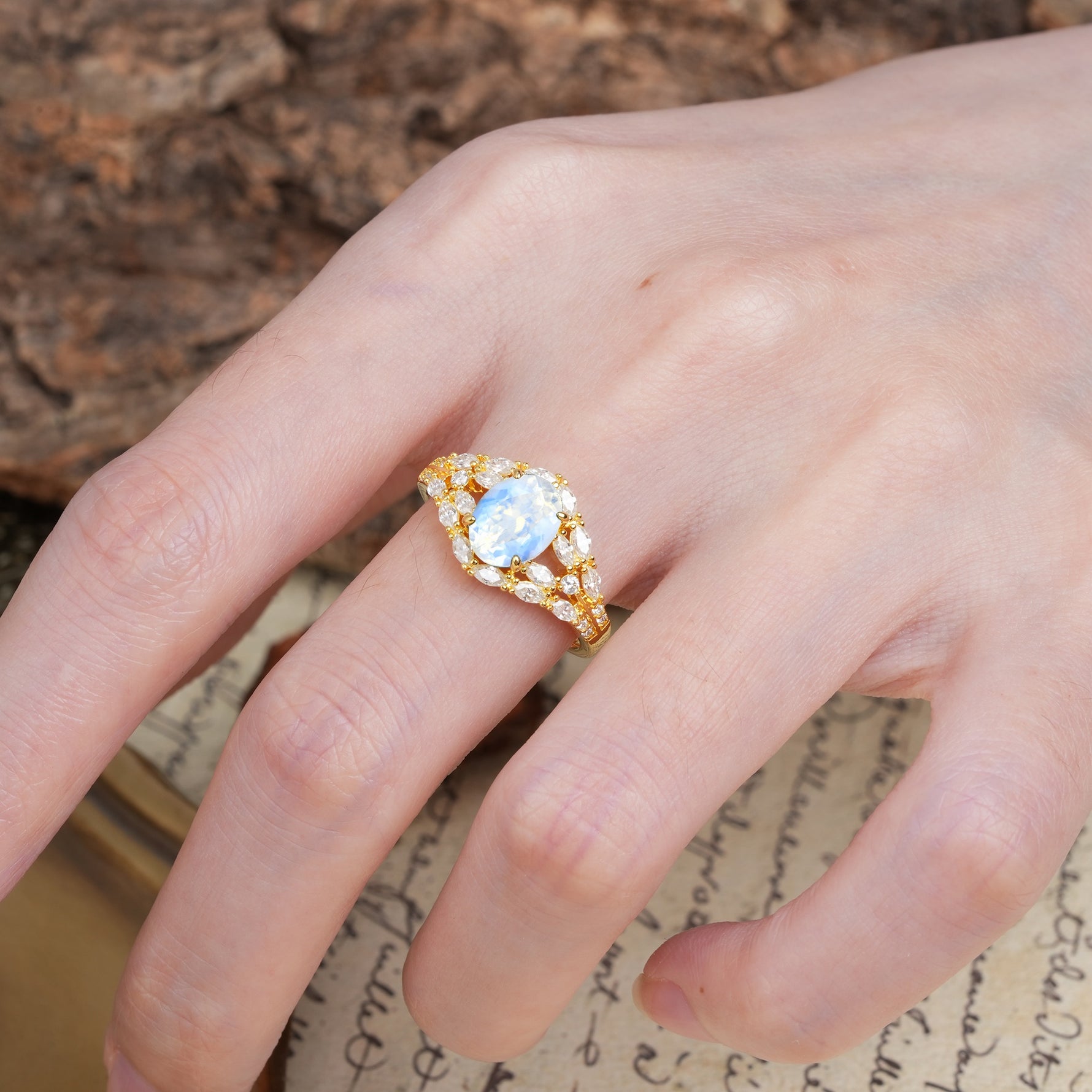 Unique and Luxurious 4-Prong Oval Cut Moonstone Engagement Ring - Additional view