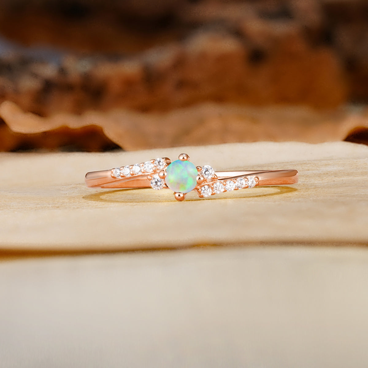 Simple Classic 4-Prong Round Cut Fire Opal Side Stone Engagement Ring - Additional view