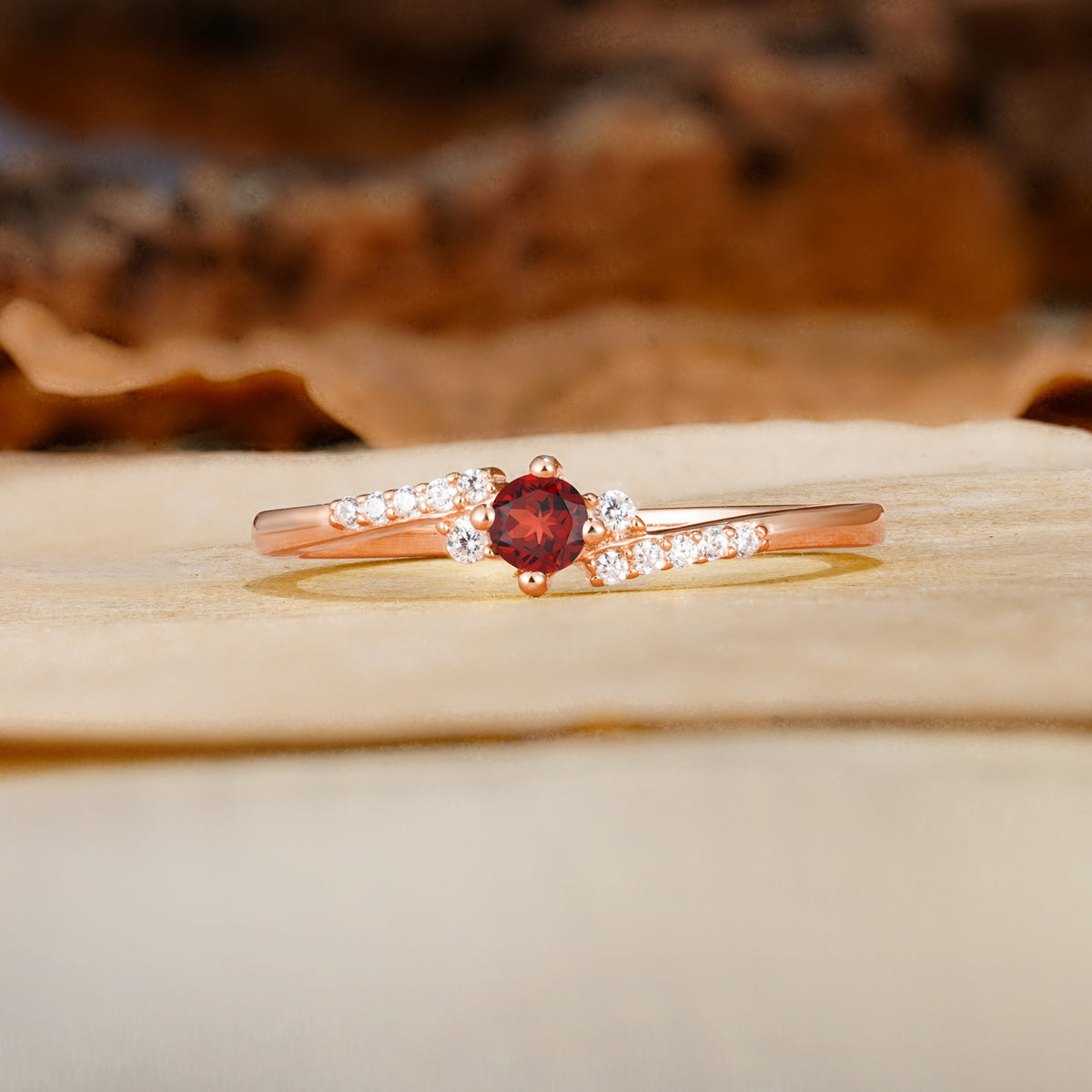Simple Classic 4-Prong Round Cut Garnet Side Stone Engagement Ring - Additional view