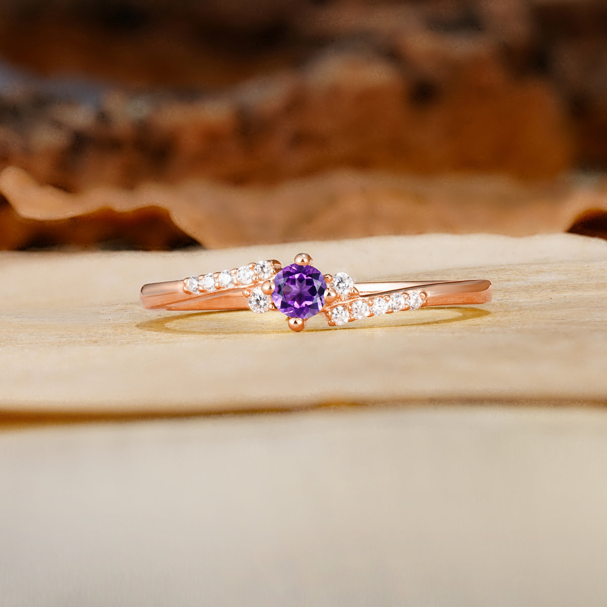 Simple Classic 4-Prong Round Cut Amethyst Side Stone Engagement Ring - Additional view