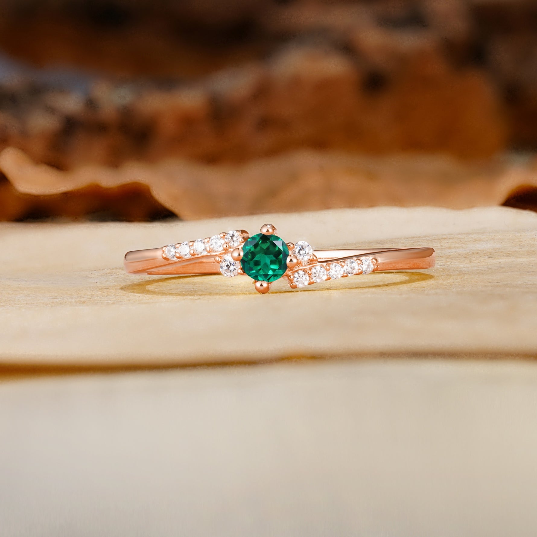 Simple Classic 4-Prong Round Cut Emerald Side Stone Engagement Ring - Additional view
