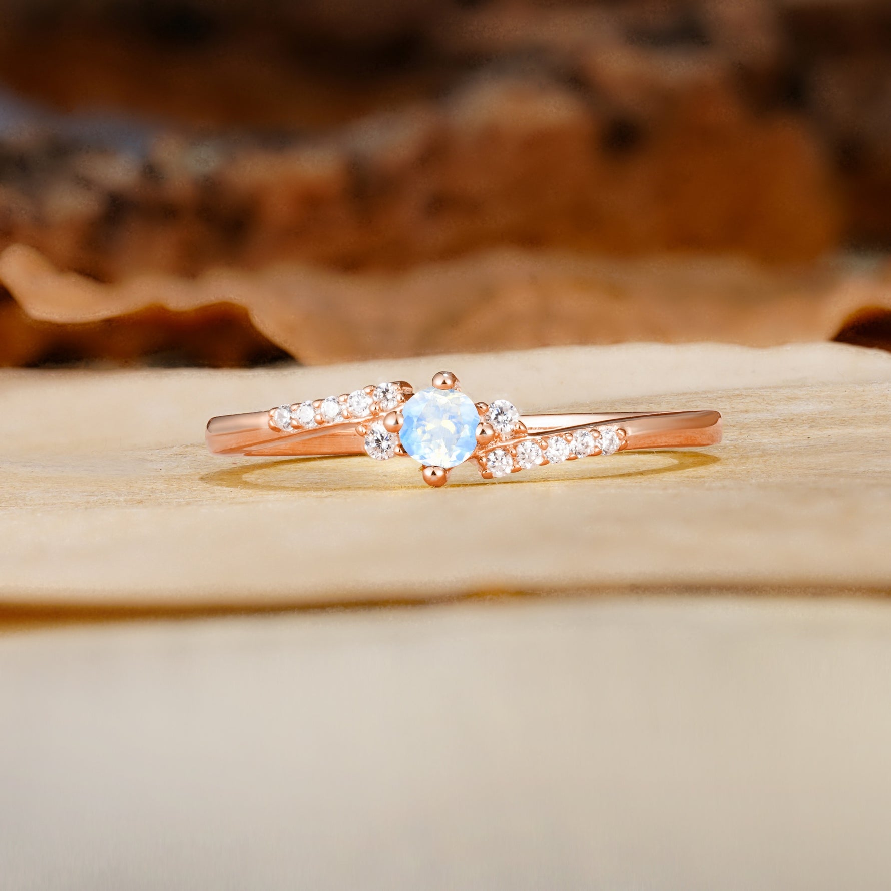 Simple Classic 4-Prong Round Cut Moonstone Side Stone Engagement Ring - Additional view