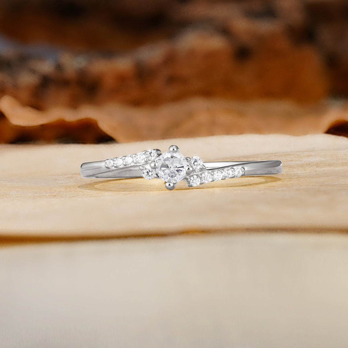 Simple Classic 4-Prong Round Cut Moissanite Side Stone Engagement Ring - Additional view
