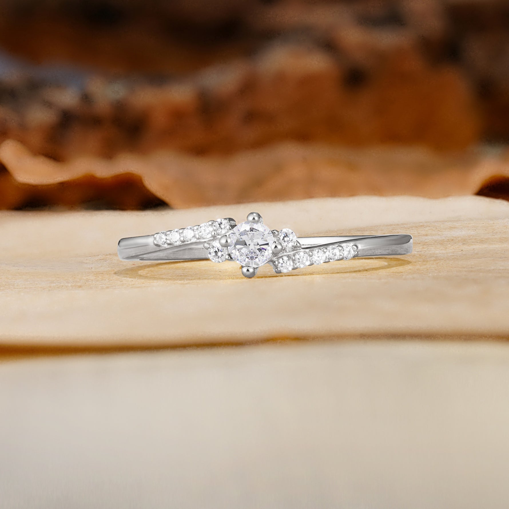 Simple Classic 4-Prong Round Cut Moissanite Side Stone Engagement Ring - Additional view