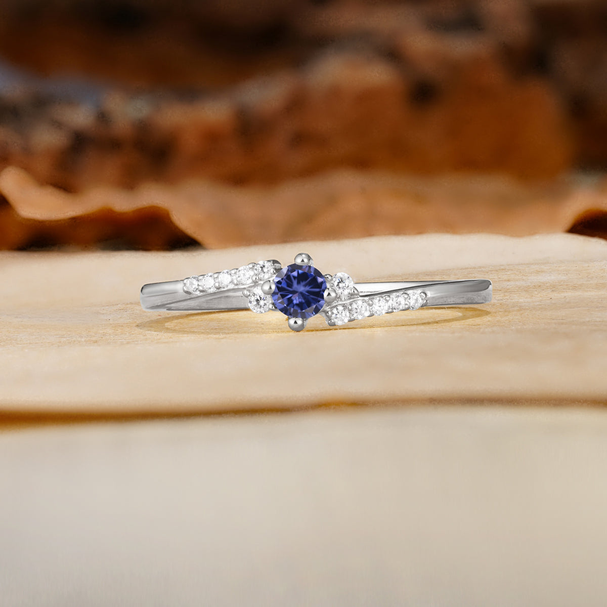 Simple Classic 4-Prong Round Cut Tanzanite Side Stone Engagement Ring - Additional view