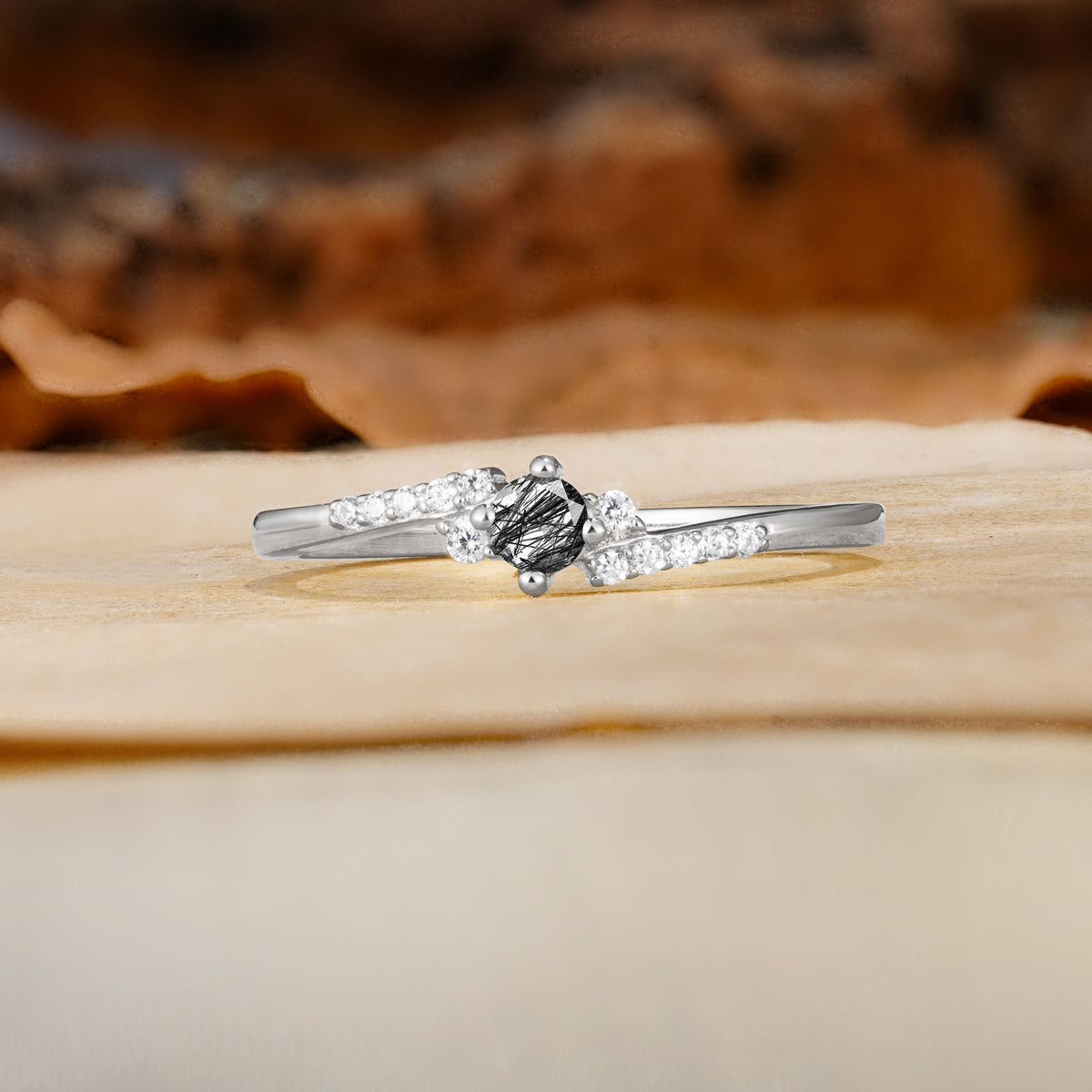 Simple Classic 4-Prong Round Cut Black Rutilated Quartz Side Stone Engagement Ring - Additional view