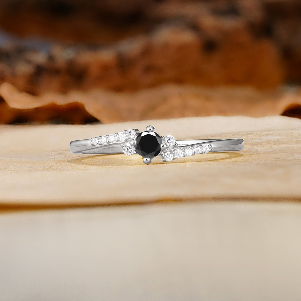 Simple Classic 4-Prong Round Cut Black Onyx Side Stone Engagement Ring - Additional view