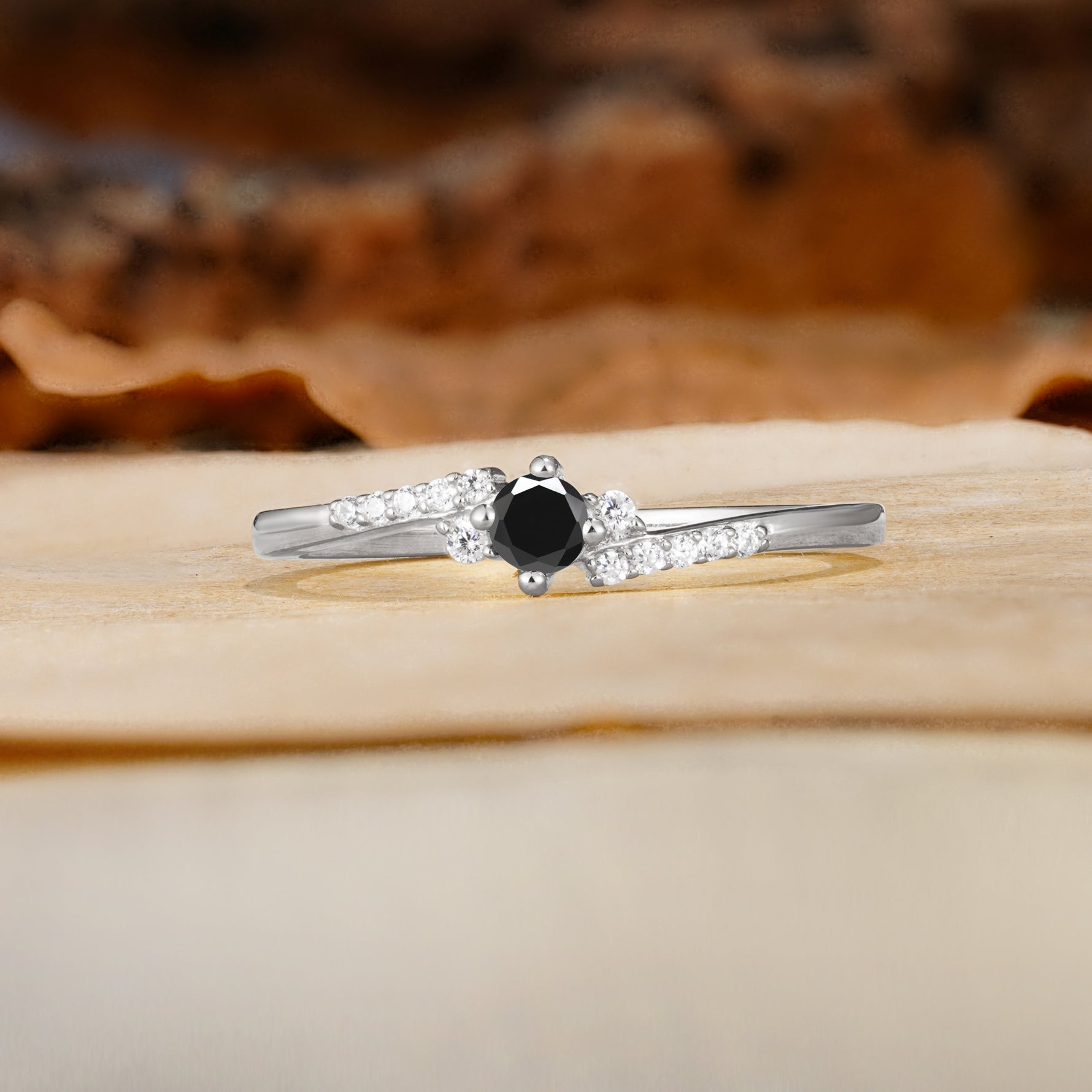 Simple Classic 4-Prong Round Cut Black Onyx Side Stone Engagement Ring - Additional view