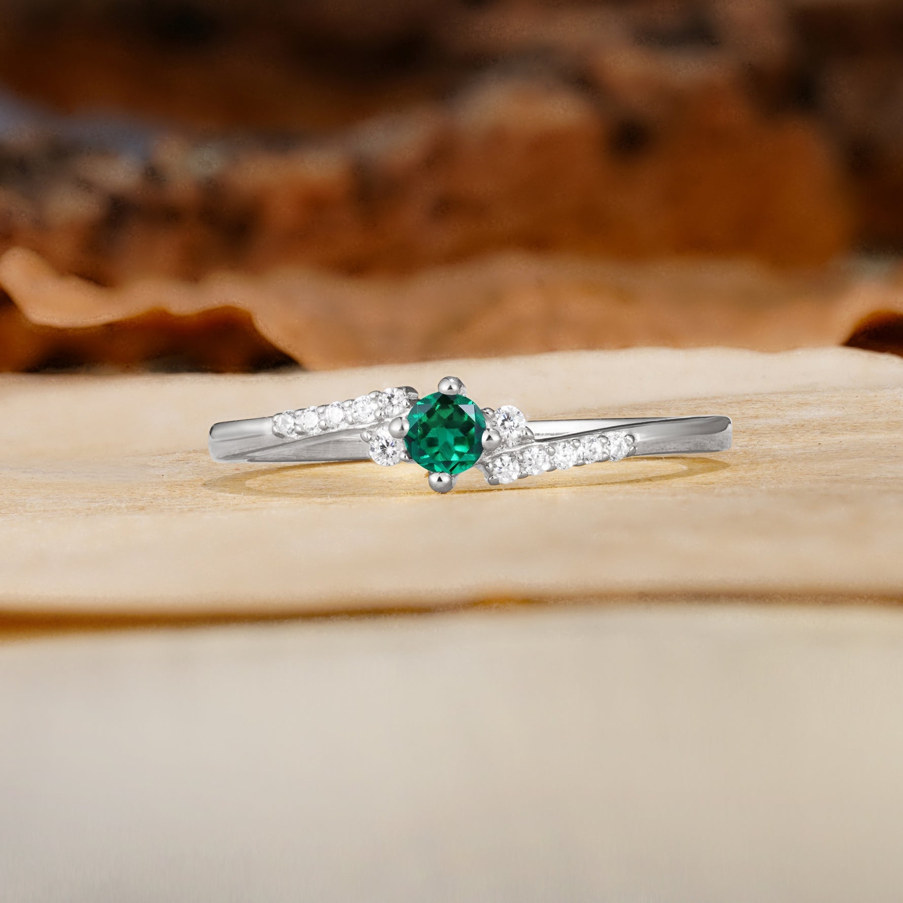Simple Classic 4-Prong Round Cut Emerald Side Stone Engagement Ring - Additional view