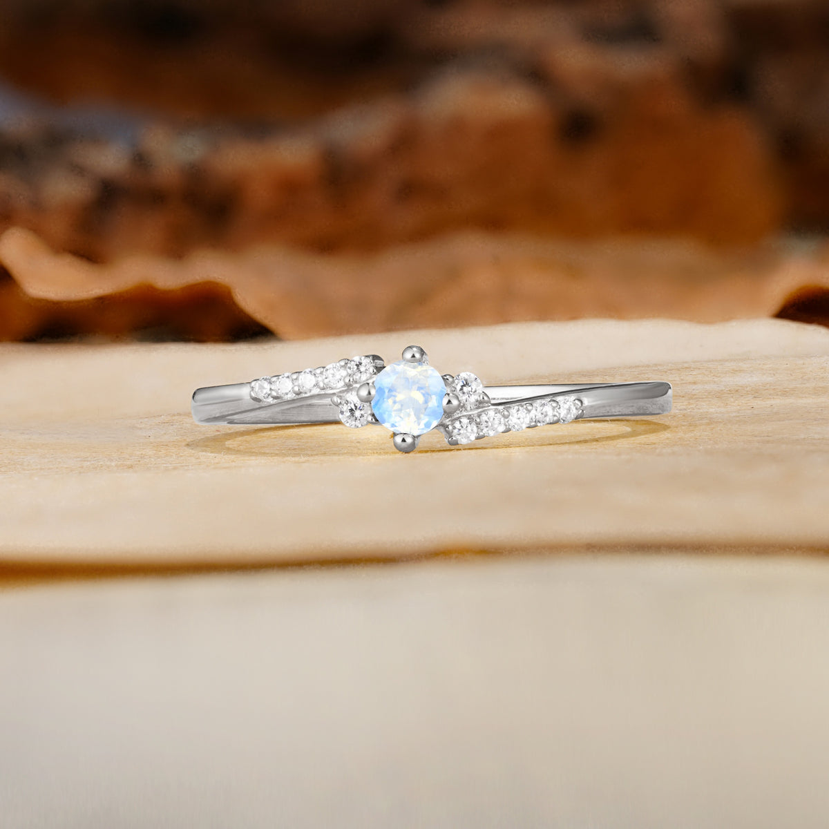 Simple Classic 4-Prong Round Cut Moonstone Side Stone Engagement Ring - Additional view