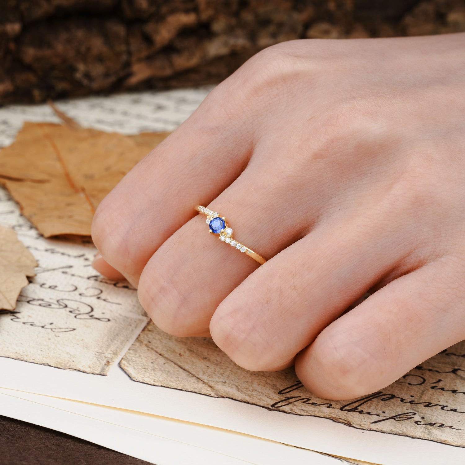 Simple Classic 4-Prong Round Cut Sapphire Side Stone Engagement Ring - Additional view