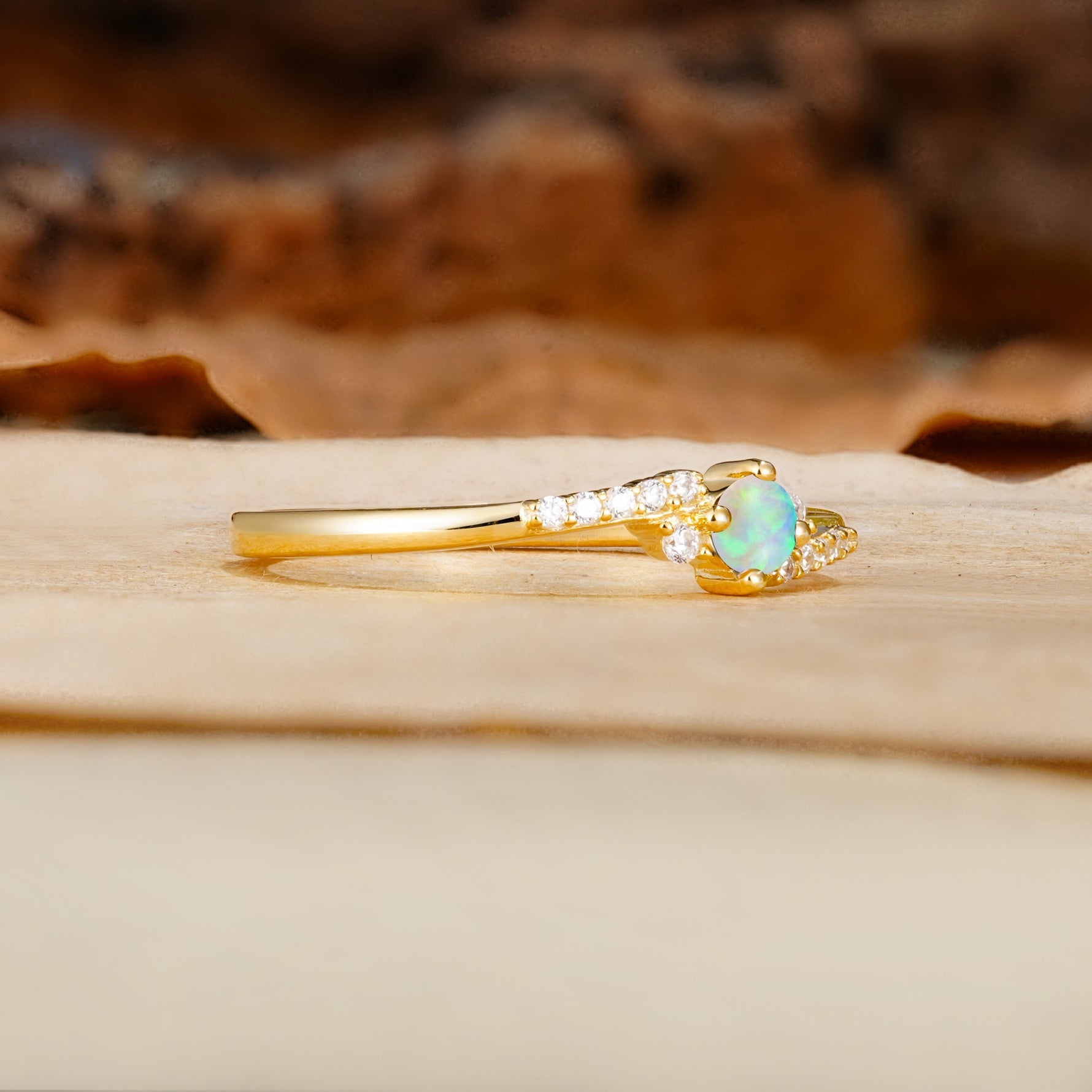 Simple Classic 4-Prong Round Cut Fire Opal Side Stone Engagement Ring - Additional view