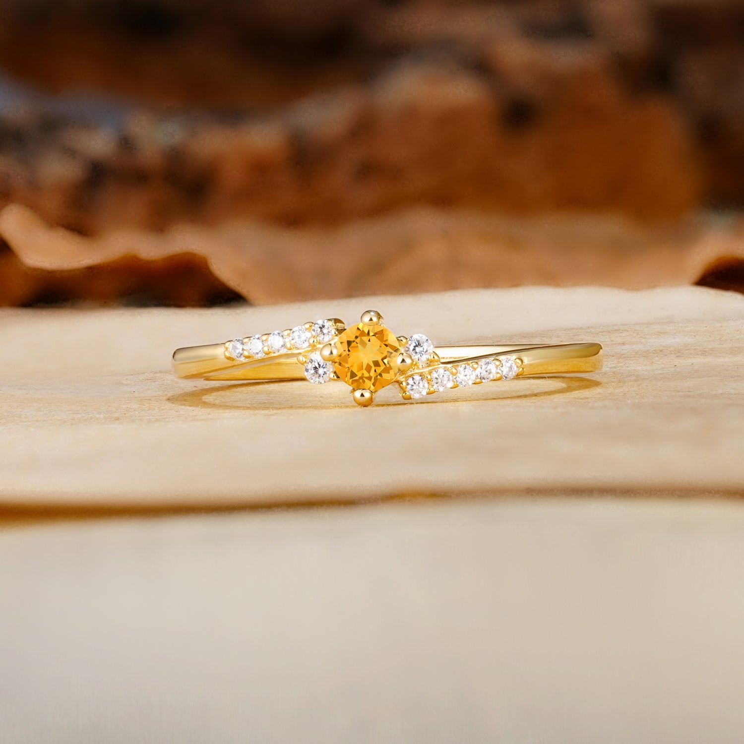Simple Classic 4-Prong Round Cut Citrine Side Stone Engagement Ring - Additional view