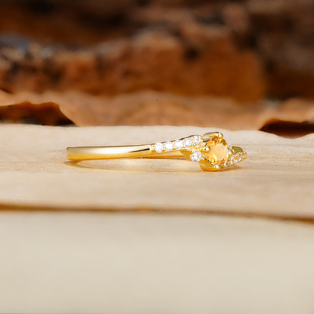 Simple Classic 4-Prong Round Cut Citrine Side Stone Engagement Ring - Additional view