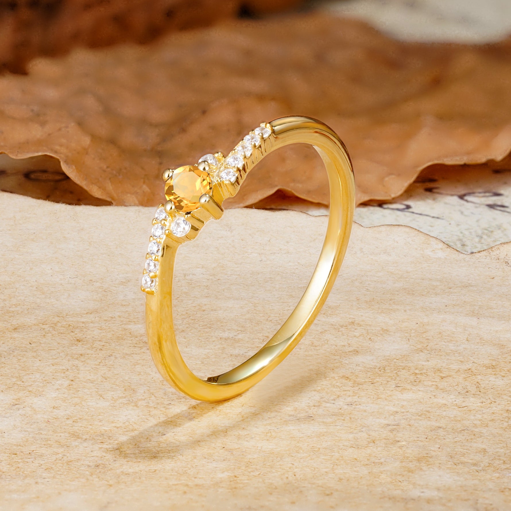 Simple Classic 4-Prong Round Cut Citrine Side Stone Engagement Ring - Additional view