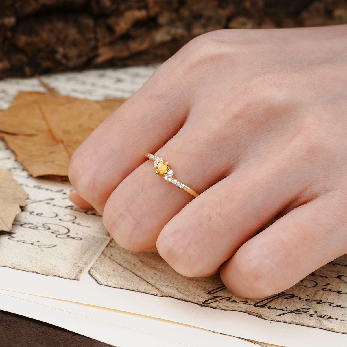 Simple Classic 4-Prong Round Cut Citrine Side Stone Engagement Ring - Additional view