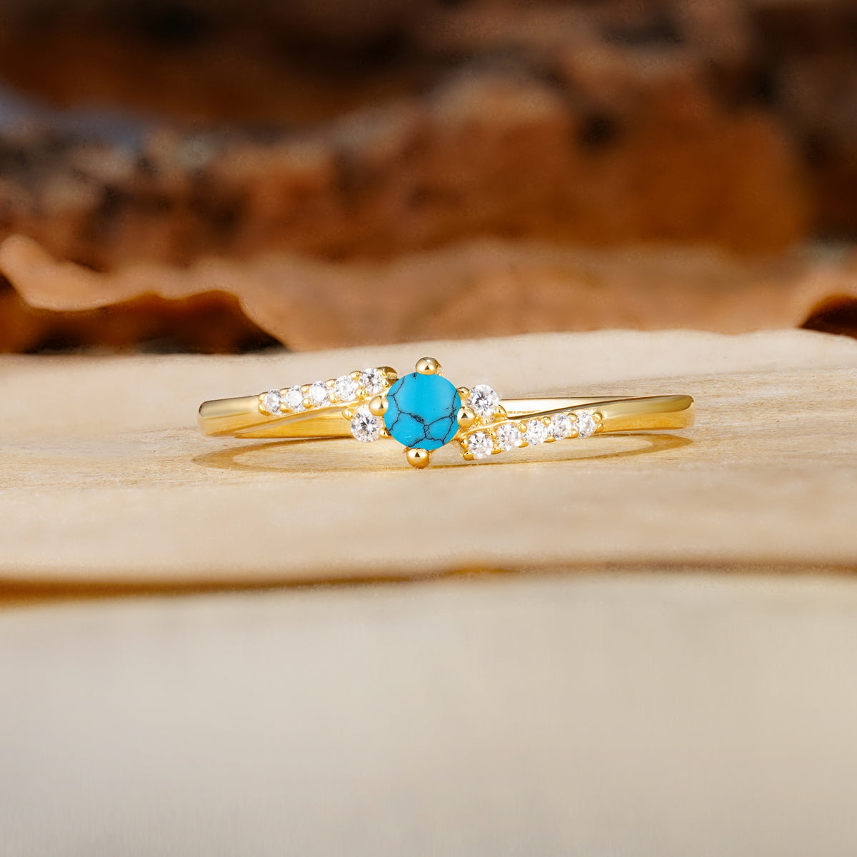 Simple Classic 4-Prong Round Cut Turquoise Side Stone Engagement Ring - Additional view