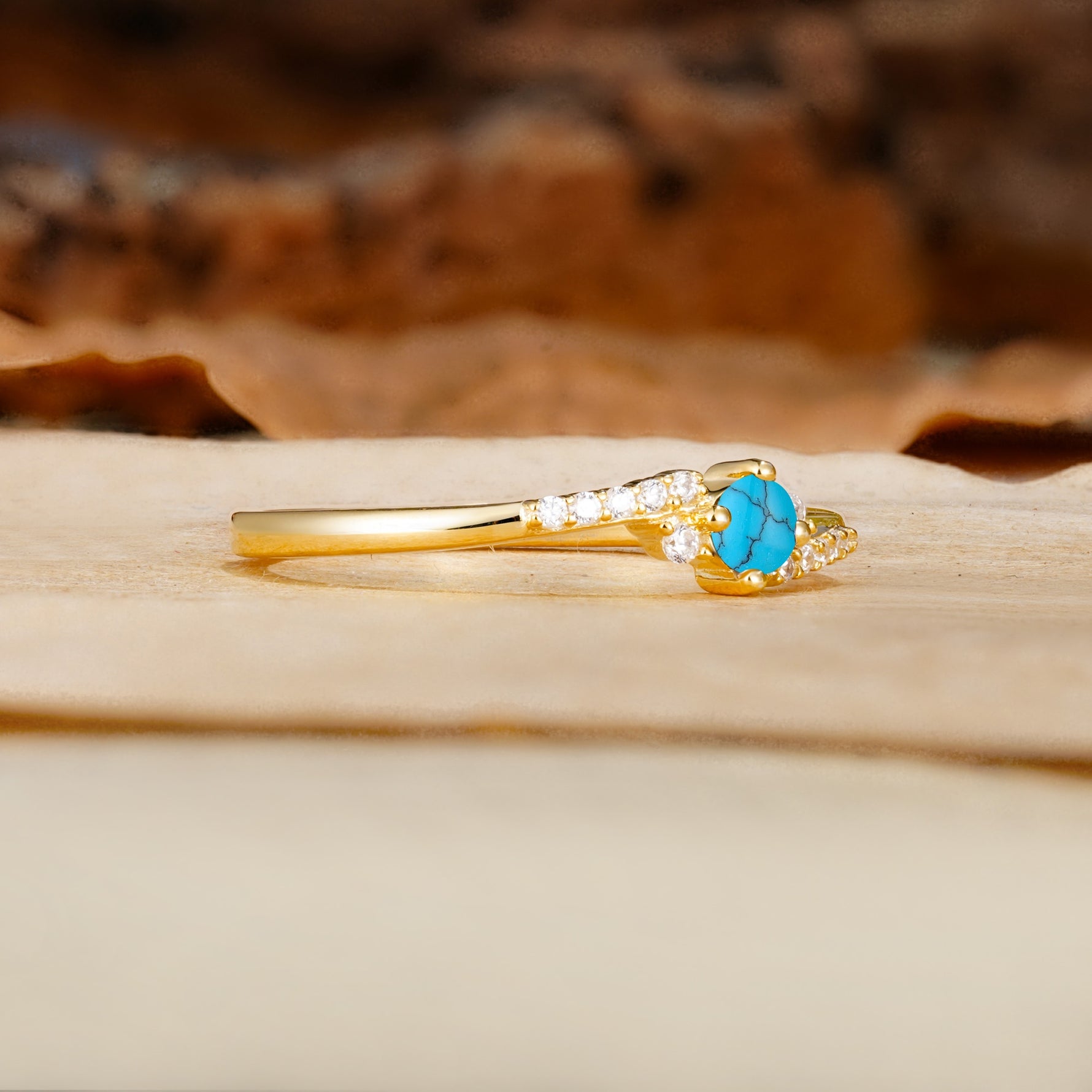 Simple Classic 4-Prong Round Cut Turquoise Side Stone Engagement Ring - Additional view