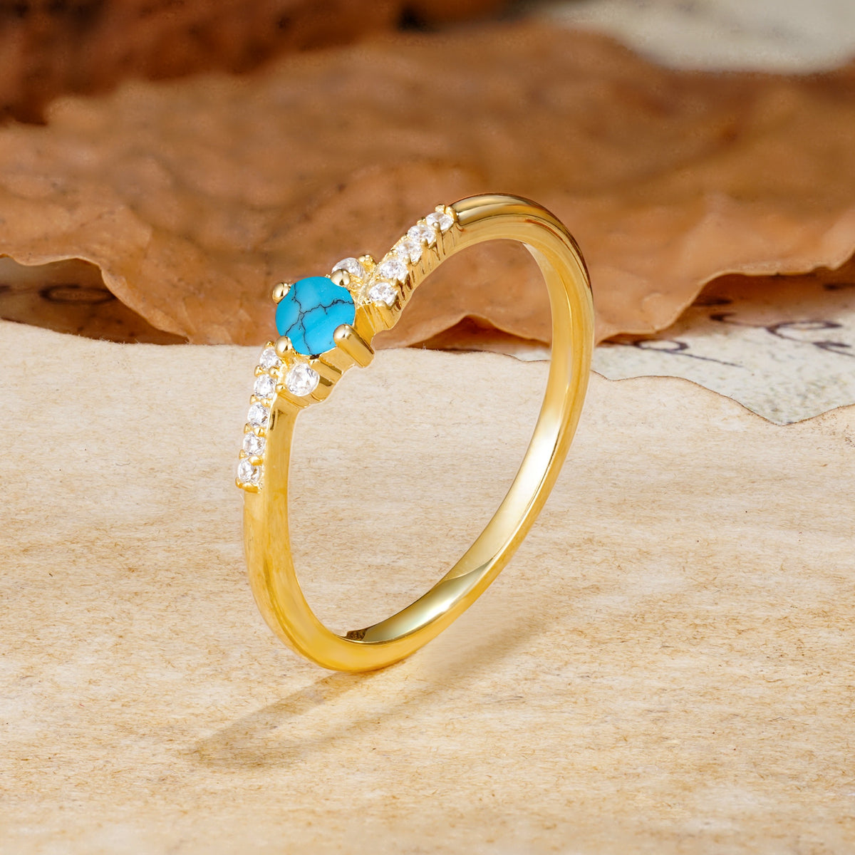 Simple Classic 4-Prong Round Cut Turquoise Side Stone Engagement Ring - Additional view