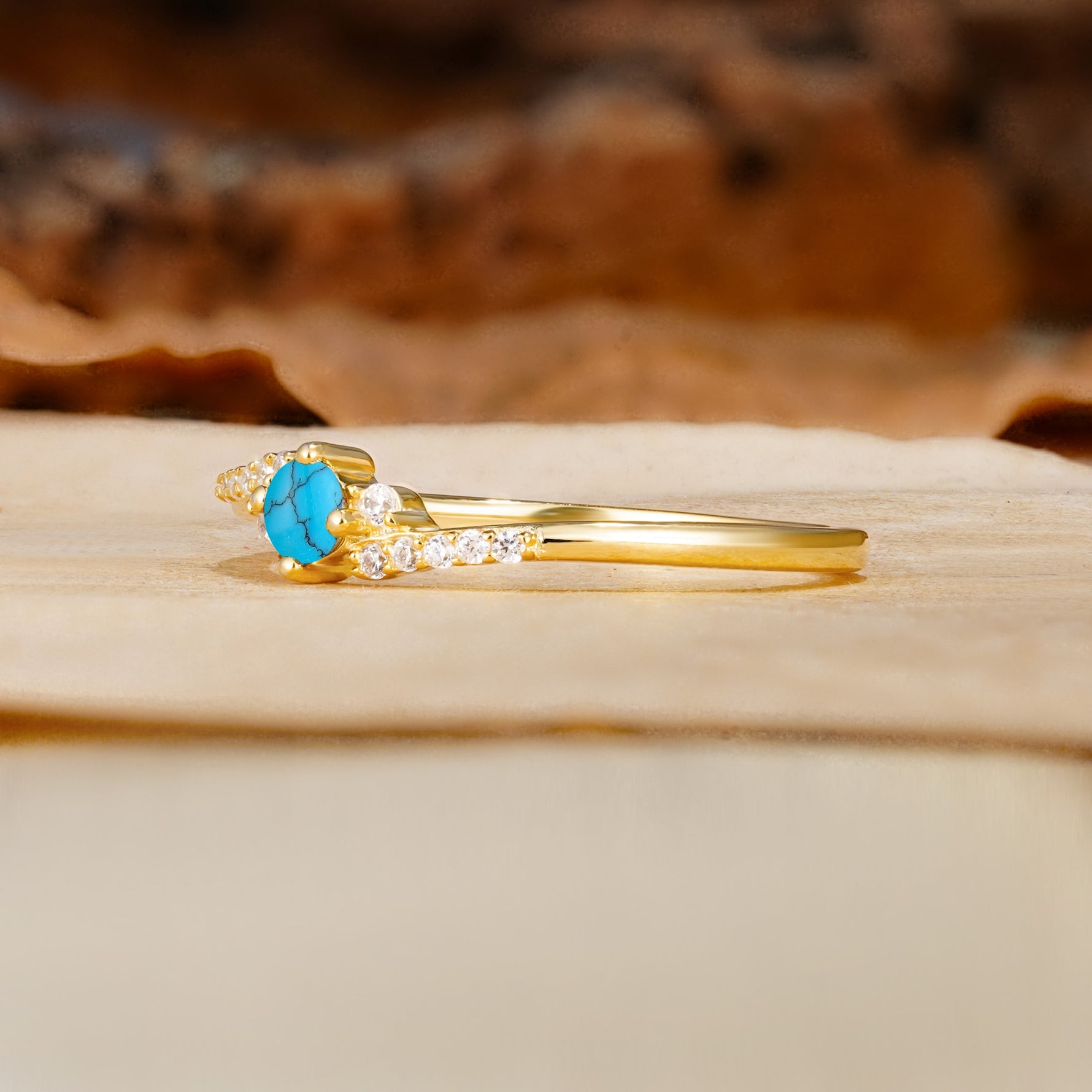 Simple Classic 4-Prong Round Cut Turquoise Side Stone Engagement Ring - Additional view