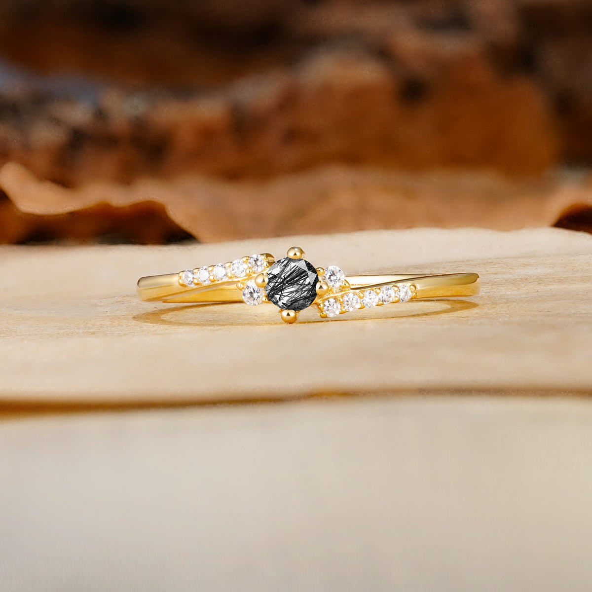 Simple Classic 4-Prong Round Cut Black Rutilated Quartz Side Stone Engagement Ring - Additional view