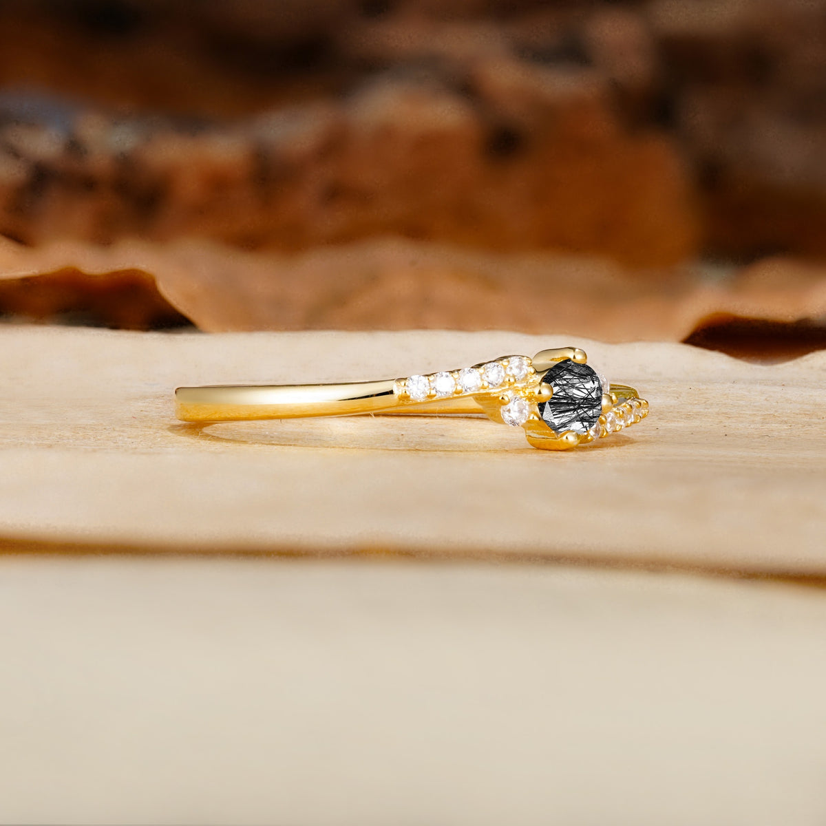 Simple Classic 4-Prong Round Cut Black Rutilated Quartz Side Stone Engagement Ring - Additional view