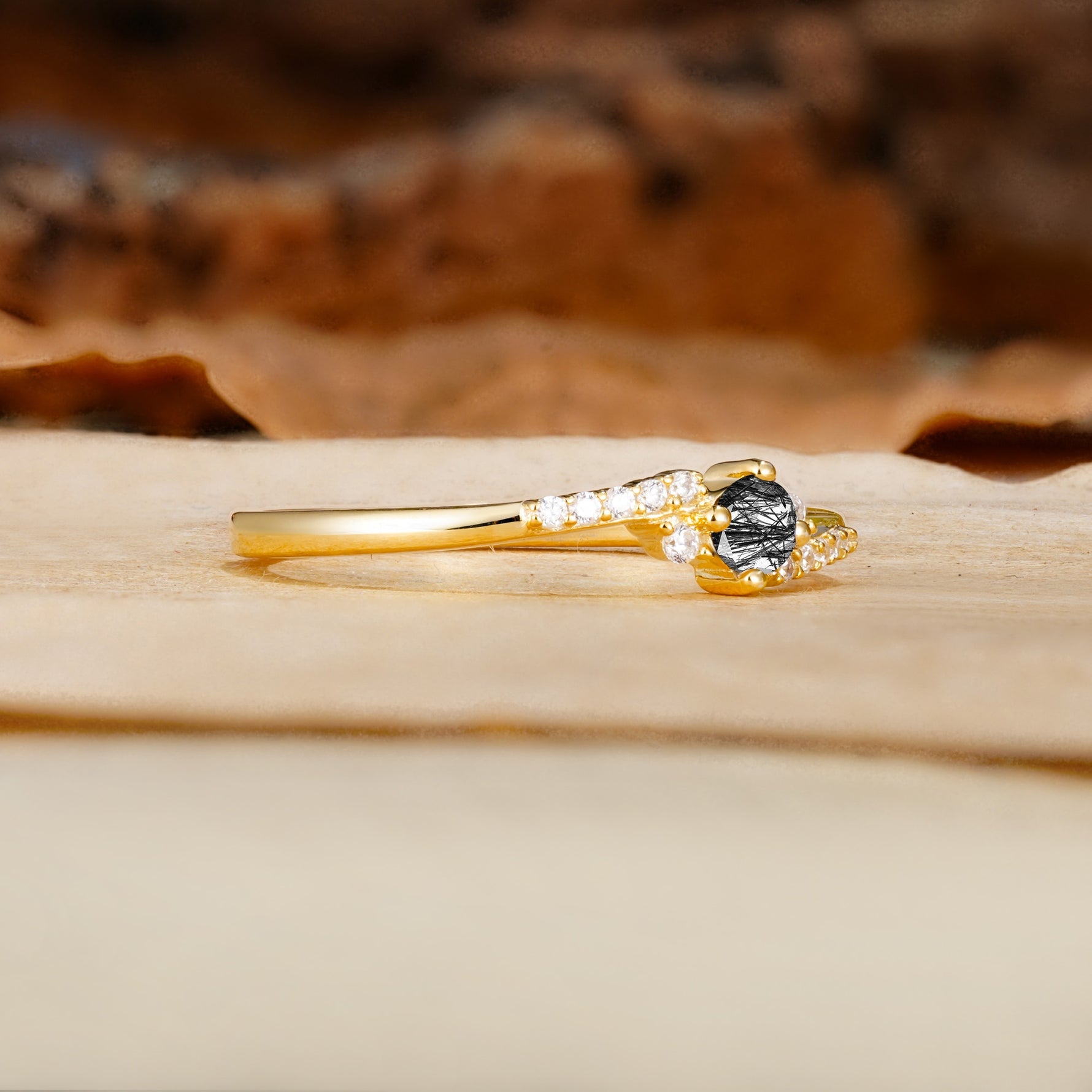 Simple Classic 4-Prong Round Cut Black Rutilated Quartz Side Stone Engagement Ring - Additional view