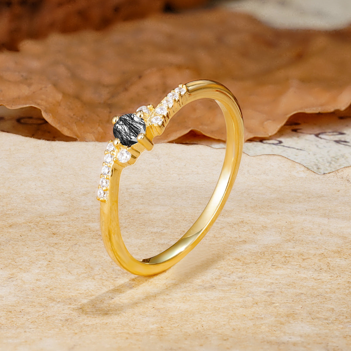 Simple Classic 4-Prong Round Cut Black Rutilated Quartz Side Stone Engagement Ring - Additional view