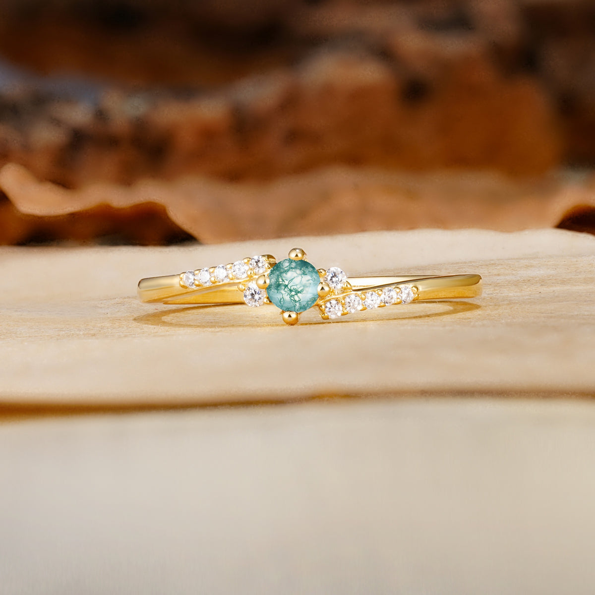 Simple Classic 4-Prong Round Cut Moss Agate Side Stone Engagement Ring - Additional view