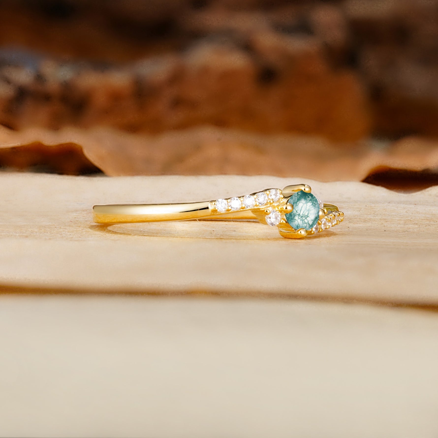 Simple Classic 4-Prong Round Cut Moss Agate Side Stone Engagement Ring - Additional view